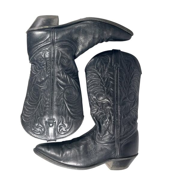 GORGEOUS BLACK GENUINE LEATHER FANCY STITCHED WESTERN COWBOY BOOTS! SZ 8M - Picture 6 of 11